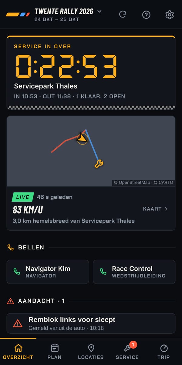 Het Overzicht-scherm van RallyRadar met de aftelklok naar de volgende service en de live positie van de auto